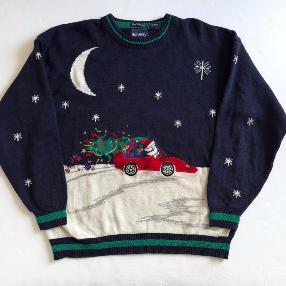Vintage 90s Hathaway Christmas Sweater Mens XL Santa Hand Intarsia Cotton Knit